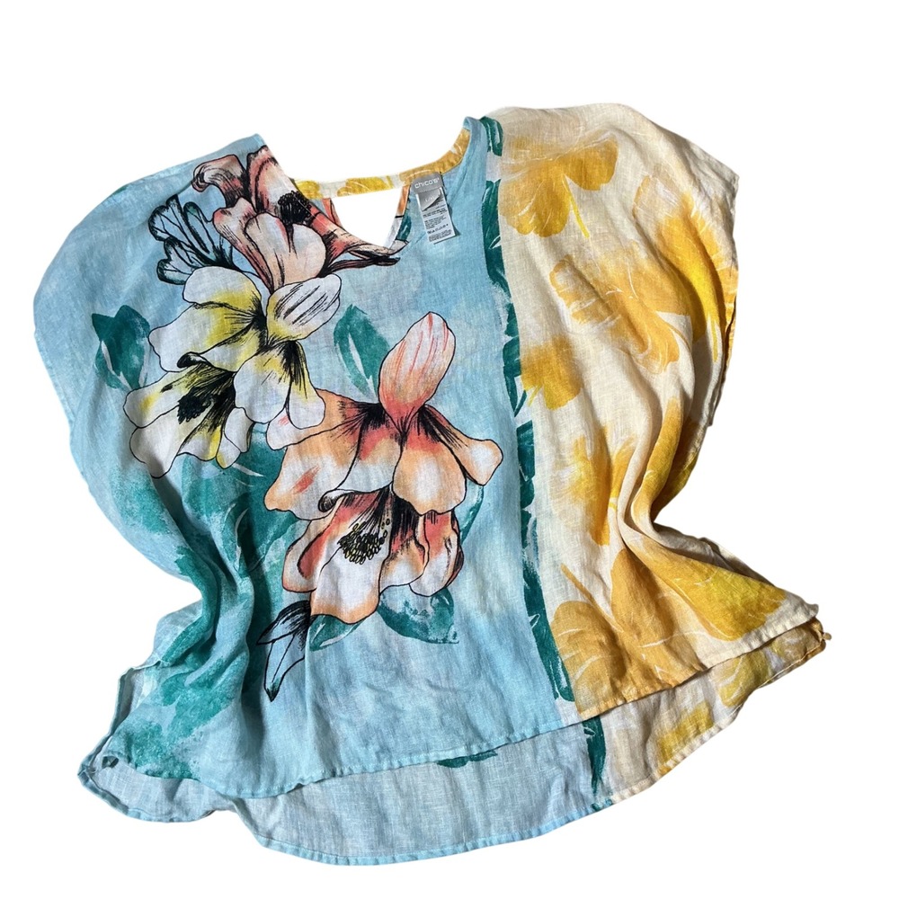 Chicos Womens‎ Lagenlook L/XL Linen Floral Poncho Top Keyhole Back 570283394